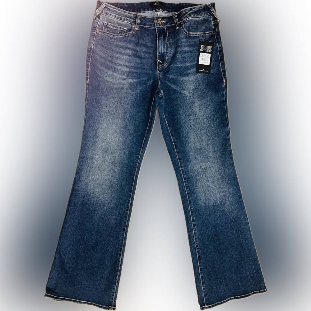 NWT True Religion SZ 32 Blue denim 5-pocket bootcut w/gold studs/waist 34”-38” - Picture 3 of 10